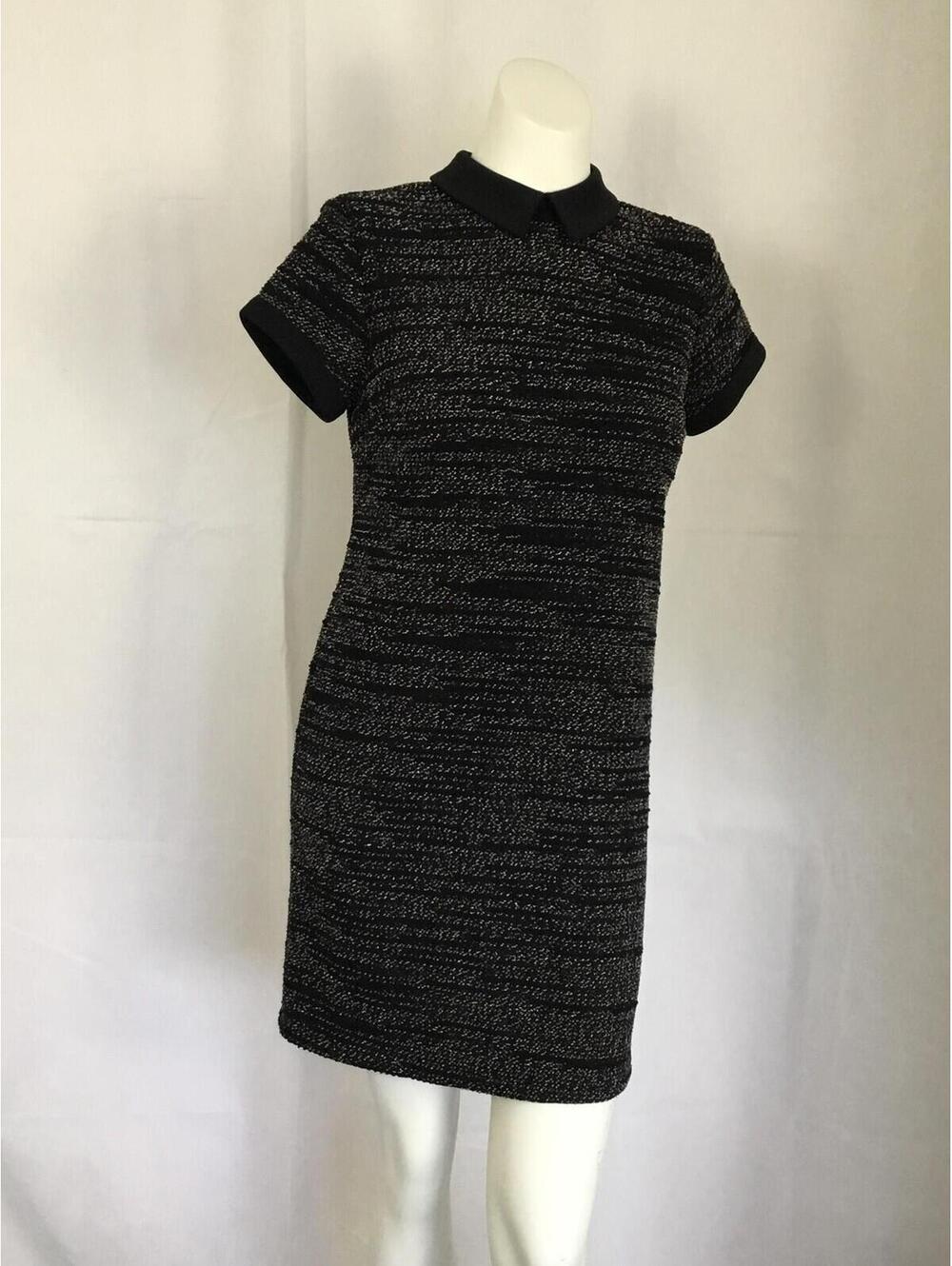 [392] Maison Jules Dress W S Black Striped Knit Collared Shift Short Mini Work